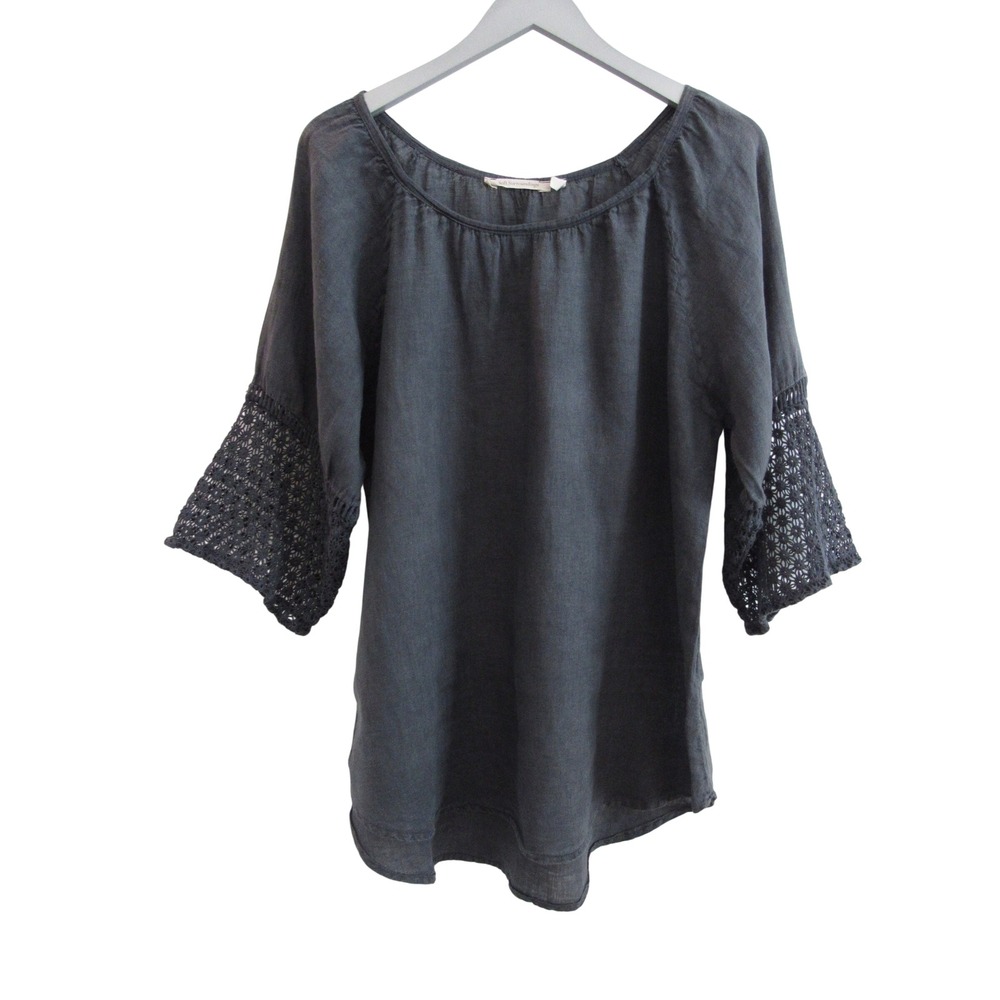 Soft Surroundings Charcoal Crochet-Sleeve Linen Top - Picture 2 of 7